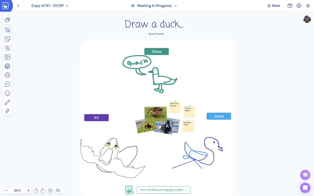 A screenshot of a check-out acitivty in Metro Retro called "Draw a Duck" where participants compete to sketch the best duck.